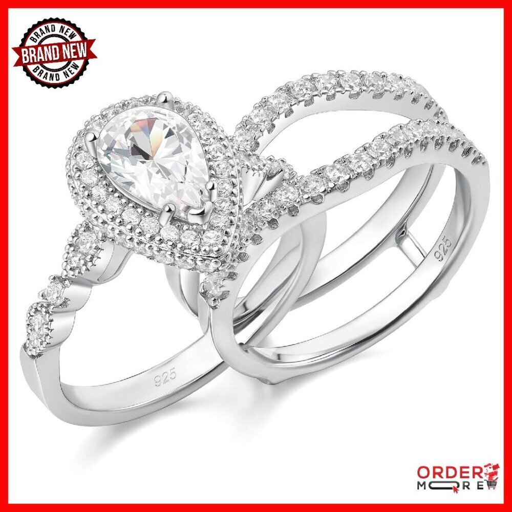 Pear Cut Sterling Silver Engagement Ring Set Size 7.5 Bridal Band
